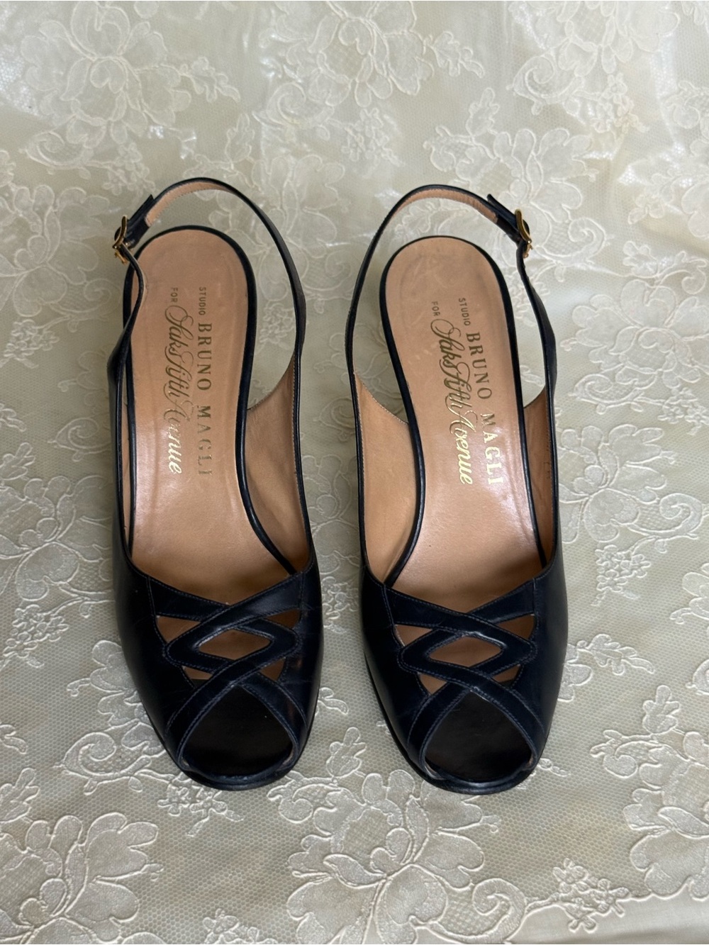 Bruno Magli Navy Blue Leather Slingback Peep-Toe Heels